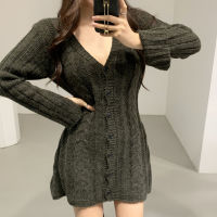 Twisted Knitted Sweater Mini Dress Women V-Neck Single Breasted Party Dress Autumn Winter Long Sleeve Korean Casual Dresses Robe