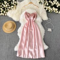 COD DSTGRTYTRUYUY Sexy Party Dress Women Summer A Line Elegant Satin Beach Dresses Ladies Sleeveless V Neck Pink Long Dress