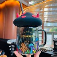 Starbuck ใหม่2022ฮาโลวีนน่ารัก Devil Horn เห็ดชารั่วรูปร่าง Mason Glass Handle Straw Cup