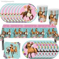 ✙ Cartoon Spirit Riding Horse Party Decor Disposable Tableware Paper Plate Cup Cake Topper Kids Girl Happy Birthday Party Supplies