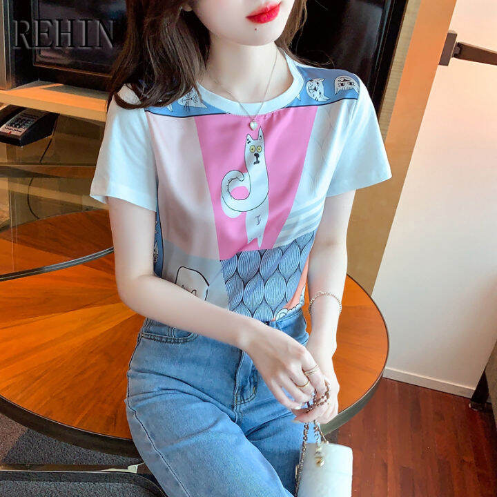 rehin-แฟชั่นสไตล์เกาหลีแบบใหม่สำหรับผู้หญิง-เสื้อยืดสีขาวคอกลมลำลองอเนกประสงค์ทรงหลวมฤดูร้อนแขนสั้น