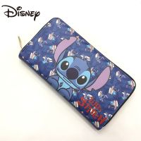 Disney Anime Blue Stitch ยาวซิปกระเป๋าสตางค์ PU กระเป๋าคลัทช์หนัง Dompet Pelajar วันเกิดของขวัญ