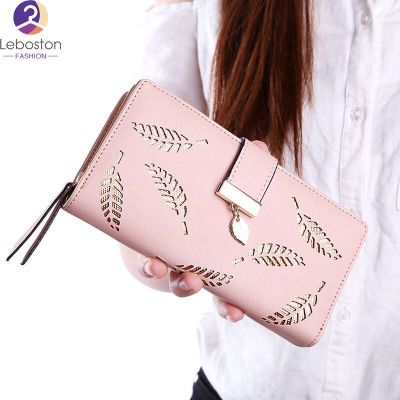 Leboston (กระเป๋า) ผู้หญิง Hollow Out Leaf Long Clutch Purse Card Holder Bifold Leather Wallet