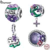 BAMOER 925 Sterling Silver Violet Flower Round Charms for DIY Making Bracelet or Bangle Purple Iris Female Power Pendant Jewelry