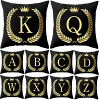 45cm King/Queen Name Initials Alphabet Print Throw Pillowcase Black Golden Crown Letter Cushion Cover Halloween Christmas Decor