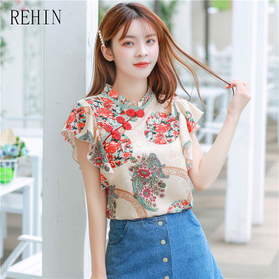 REHIN เสื้อเชิ้ตผ้าชีฟองแขนสั้นคอสี่เหลี่ยม,เสื้อผู้หญิงพิมพ์ลายดอกไม้มีจีบหรูหราเสื้อฤดูร้อนใหม่
