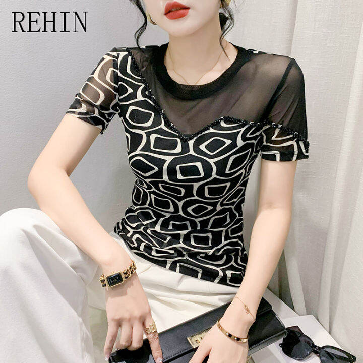 rehin-เสื้อยืดผู้หญิง-เสื้อยืดแขนสั้นพิมพ์ลายตาข่ายลูกปัดติดคอกลมสไตล์เกาหลีแบบใหม่แฟชั่นฤดูร้อน