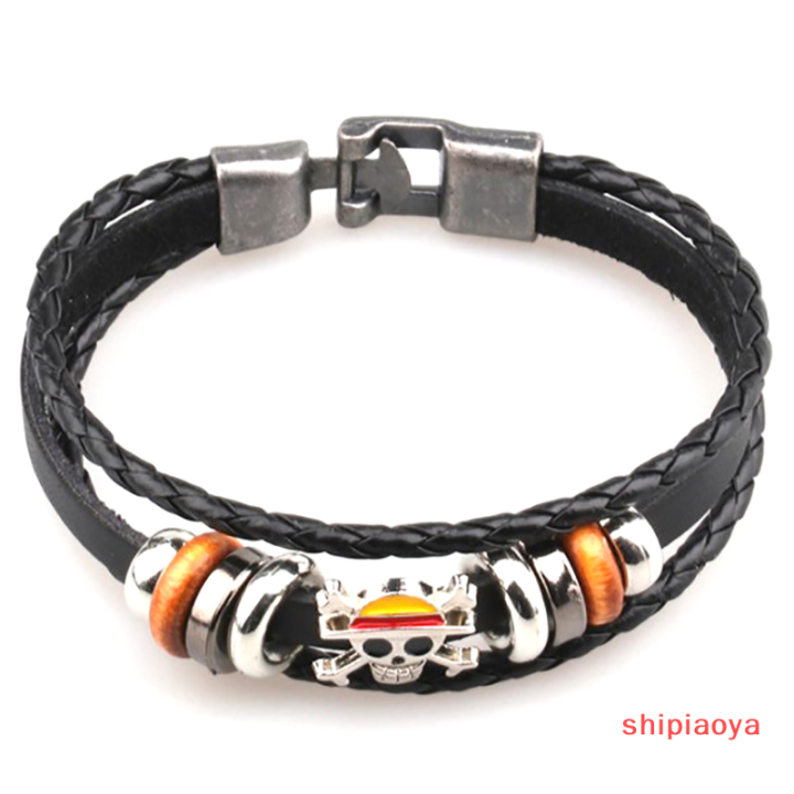 shipiaoya-สร้อยข้อมือโจรสลัดผู้ชายผู้หญิงพังค์สีดำกำไลสร้อยเปียหนังอะนิเมะ