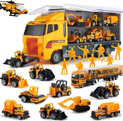 ❒✐ jiozpdn055186 Escavadeira Dump Truck Digger e retroescavadeira para crianças brinquedos de construção veículo fundido conjunto carro transportador presente meninos em 1