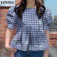 ✗✚◊ Vonda เสื้อเบลาส์ลําลอง คอกลม แขนห้าส่วน ลายสก๊อต สไตล์เกาหลี เหมาะกับฤดูร้อน สําหรับผู้หญิง