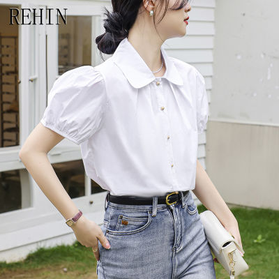 REHIN เสื้อสไตล์เกาหลีแบบใหม่คอปกแขนสั้นผู้หญิง,เสื้อผู้หญิงแขนพองง่ายฤดูร้อน