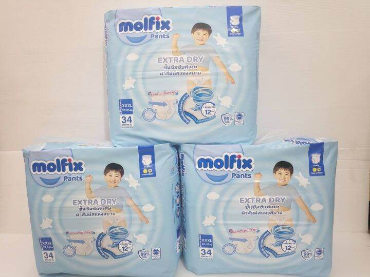 ค่าส่งถูก-molfix-โมลฟิกซ์-แพมเพิสเด็กแบบกางเกง-size-xxxl-34ชิ้น-น้ำหนัก20-35กิโลกรัม