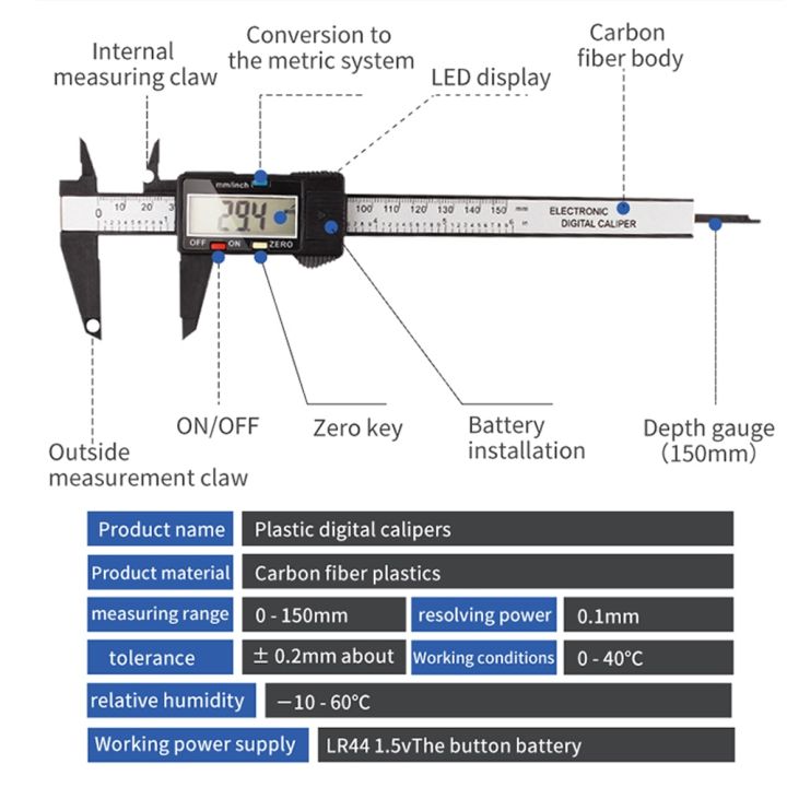 luxianzi-คาลิปเปอร์พลาสติกเครื่องวัดระยะเวอร์เนีย150มม-มีความแม่นยำสูงมีเครื่องมือวัดความลึกของที่ใส่ถุงพลาสติก