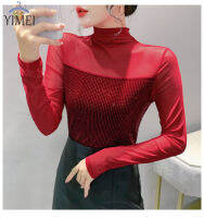 YIMEI เสื้อเชิ้ตผู้หญิงแขนยาวสีแดง,ใหม่เสื้อผู้หญิงประกายเพชรสำหรับฤดูใบไม้ร่วง2023