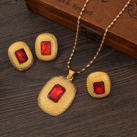 【lz】☂  Red Stone Retangle Gold Color Jewelry Set para Mulheres Colar Anel Brinco Moda Etiópia Eritreia Habesha Wedding Party Gift