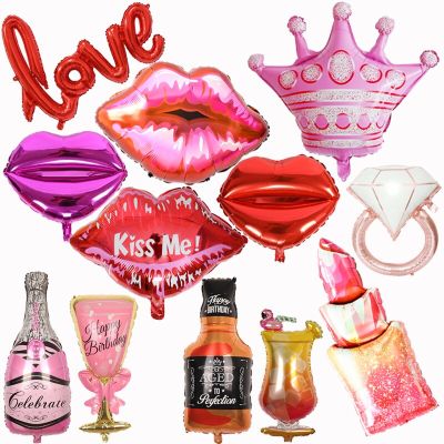 Jumbo Wine Bottle Lipstick Foil Balloon Wedding I Love You Kiss Me Mouth Helium Ball Ornament Valentines Day Adult Balloon Toy Adhesives Tape