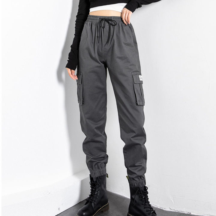 กางเกงแฟชั่นวินเทจสำหรับผู้หญิง-กางเกงคาร์โก้แฟชั่น2023-y2k-กางเกงเชือกผูกทึบทรงหลวมแนวสตรีทแวร์