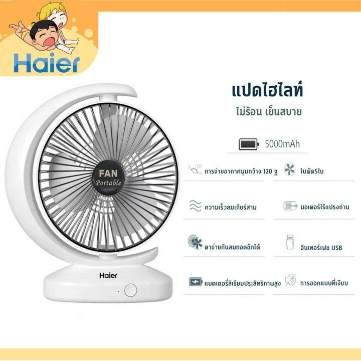 haier-summer-desktop-fan-พัดลมตั้งโต๊ะแบบชาร์จ-usb-หมุนได้-ลมแรง-ขนาดเล็ก-พกพาสะดวก-ความเร็วลมแบ่งออกเป็นสามระดับ-เสียงเบา