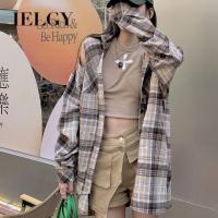 IELGY  เสื้อผู้หญิงคอปกลายสก๊อตแบบหลวม,เสื้อสไตล์เกาหลียาวปานกลาง