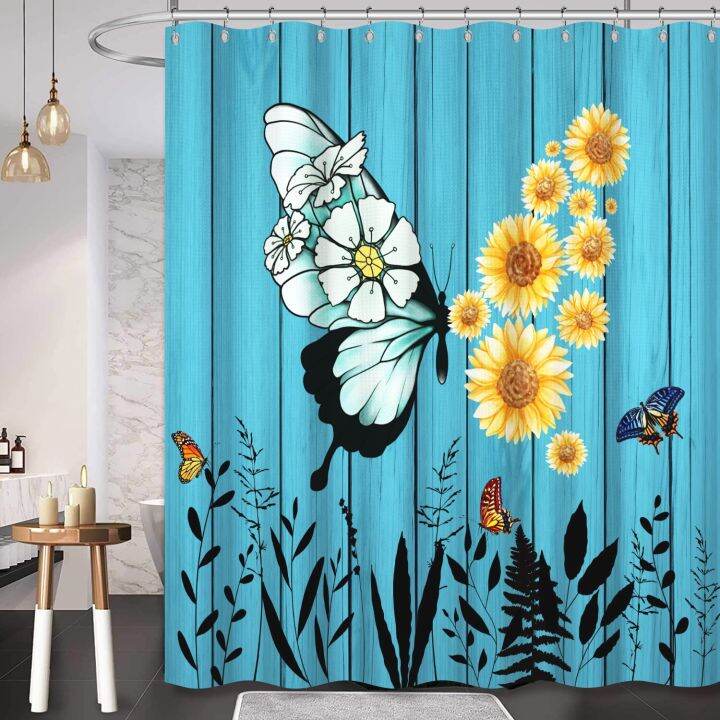 cyan-wood-flowers-thick-waffle-butterfly-stripe-shower-curtain-waterproof-shower-curtain-simple-hook-bathroom-tub-shower-cover