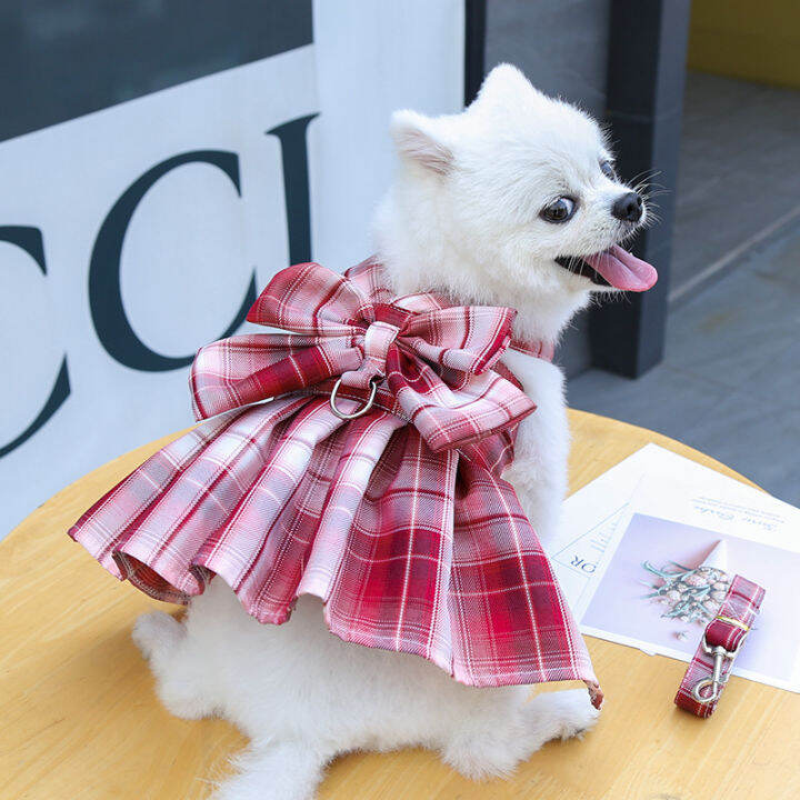 2021new-pet-dog-cat-clothes-plaid-skirt-pet-jk-uniform-vest-with-harness-leash-chihuahua-bichon-cute-skirt-pets-luxury-dress