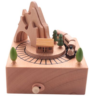 Wooden Musical Box Featuring Mountain Tunnel With Small Moving Magnetic Train Plays