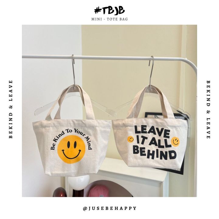 justbehappy-totebag-mini-size-กระเป๋าผ้ามินิไซซ์-ลายสกรีนฟอนต์-ยิ้ม