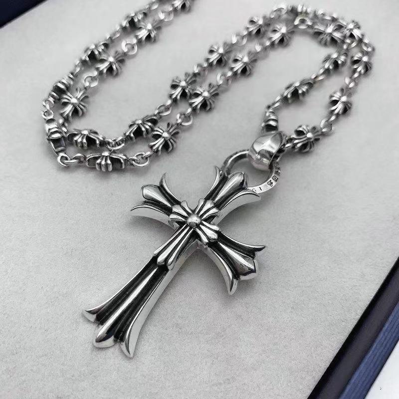 S925 Sterling Silver Double Cross Necklace, Retro Handmade Chrome