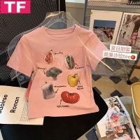 Pink Short Sleeve T-shirt Womens 2023 Summer New Slim Fit All-Matching Printed Casual Sweet Hot Girl Elastic Short Top