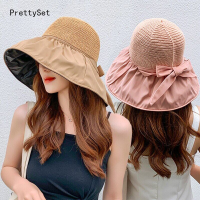 Prettyset】หมวกกันแดดปีกกว้างกว้างพับได้ Topi Bucket ไวนิลสีดำสำหรับผู้หญิงหมวกบังแดดฤดูร้อนสานโดมหมวกหมวกกันสียูวี