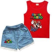 Super Mario Girls Tanks Denim กางเกงขาสั้นชุดพิมพ์เสื้อยืดลูกไม้กางเกง2ชิ้นชุดฤดูร้อนผ้าฝ้ายเสื้อผ้าเด็กชุด8772