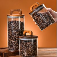 【LZ】✵❅☜  Recipiente de armazenamento da cozinha recipiente de armazenamento de feijão de café recipiente de armazenamento de madeira portátil frasco de vidro dispensador de cereais chá canister