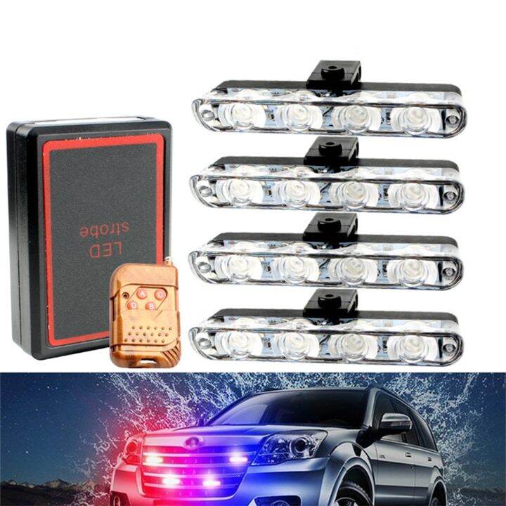 4pcs 4 LED Car Grille Strobe Light Kit Wireless Remote Control Emergency Lamp 12V Motorcycle