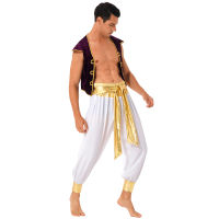 Arab Prince Costume for Men Adult Persian Role Play Halloween Golden Vest and Harem Pant Suit Mythical Aladin Clothing Set