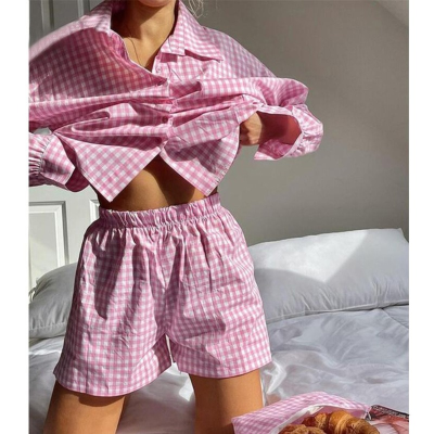 Loung Wear Womens Home Clothes Stripe Long Sleeve Shirt Tops and Loose High Waisted Mini Shorts Two Piece Set Pajamas