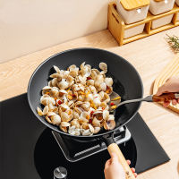 Non Stick Wok เหล็กหล่อเครื่องครัวทำอาหารหม้อครัวจีน Handmade Wok Pan พร้อมฝาปิดไม้ Handle Uncoated Cooktop เตาแก๊ส