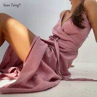 【CW】✙﹉▦  Sean Tsing® Cotton Dresses Color V-Neck Sleeveless Bandage Camisole Vestidos