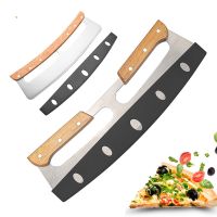 【YF】 Pizza Cutter Stainless Steel Slicer Wheels Wooden Handles Rocker Blade Cutters with Protective Cover Kitchen Tools