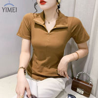 YIMEI เสื้อยืดกว่างโจวของผู้หญิงสวย2023ฤดูร้อนแขนสั้นเสื้อยืดเพรียวบางซิปติดเสื้อผ้าเสื้อคอตตอนพื้นเรียบง่ายใหม่ของผู้หญิง