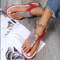 2022 New Bohemian Style Women Casual Summer Beach Sandals Rhinestone Decor Clip Toe Lady Flat Beach Gladator Sandals Size 35-43