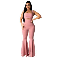 Summer Women Casual Two Piece Set Tube Spaghetti Straps Flare Jumpsuit Strapless Crop Top Foot Cut Pants