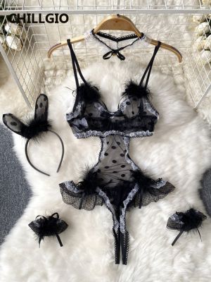 CHILLGIO ผู้หญิง Polka Dot Lace Rompers เซ็กซี่เร้าอารมณ์ Catsuits ชุดชั้นในแฟชั่น Sleepwear Club Jumpsuits ตาข่ายรวม Bodysuits✸