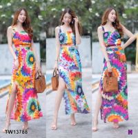 B13788 Set เสื้อสายเดี่ยวจั๊มเอว+กระโปรงผ่าข้าง ลายมัดย้อม Set, one-shoulder top + side slit skirt, tie-dye pattern