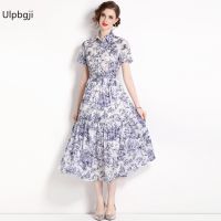 Slim-Fitting Simple Ink Printing Short Sleeve Large Swing Womens Shirt Long Dress