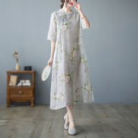 Wewae6323สไตล์จีน Cheongsam Qi-Pao Chinoiserie Hanfu 2022ผ้าฝ้ายผ้าลินินเอียงปกหัวเข็มขัดปรับปรุงกี่เพ้าคอกลมพิมพ์ชุด