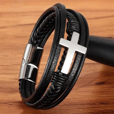 XQNI Cross Style Multi Layer Design Stainless Steel Fashion Men Leather Bracelet Classic Gift For Men 5 Different Styles Choose