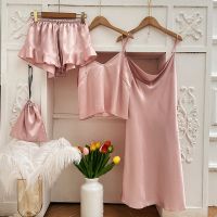 《Petty bourgeoisie life》 Lisacmvpnel Ice Silk Four Piece Set Women 39; S Pajamas Suspender Shorts Nightdress Set Light And Comfortable Sleepwear