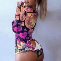 ▥ Womens Crotchless Onesies Disassembled Snap Button Ladies Shorts Love Style Sexy Slim Pajamas Fully Printed Jumpsuit Пижама