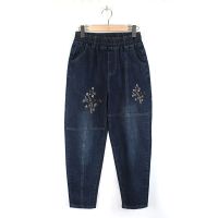 【มีไซส์ใหญ่】Plus Size Womens XL-4XL Elastic Waist All Matching Blue Jeans Vintage Floral Embroidery Harem Denim Pants