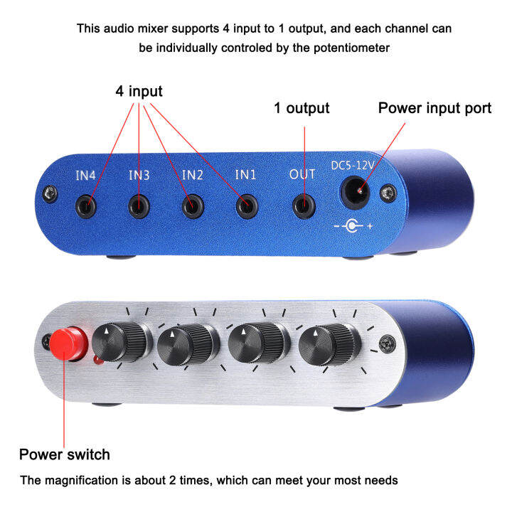 เครื่องผสมสัญญาณเสียง3-5มม-เครื่องผสมสัญญาณเสียงสเตอริโอ4อินพุตถึง1เอาต์พุตควบคุมแยกกันเครื่องมือผสมเสียงเครื่องขยายเสียงหูฟัง